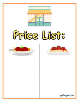 Role-Play - SPAGHETTI RESTAURANT - DIY Price List