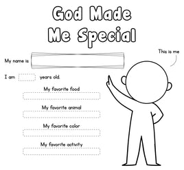 God Made me special - all about me labelling coloring activity