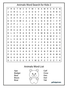 Animals Word Search For Kids 2