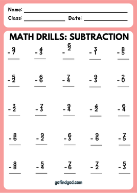 Math Activity Worksheets - 1 Digit Subtraction