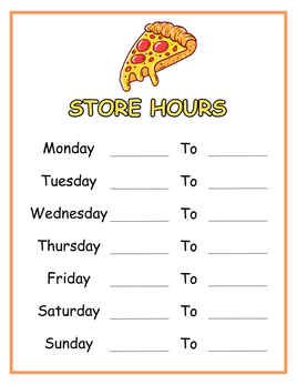 Role-Play - Pizza Shop Theme - Store Hours Sign